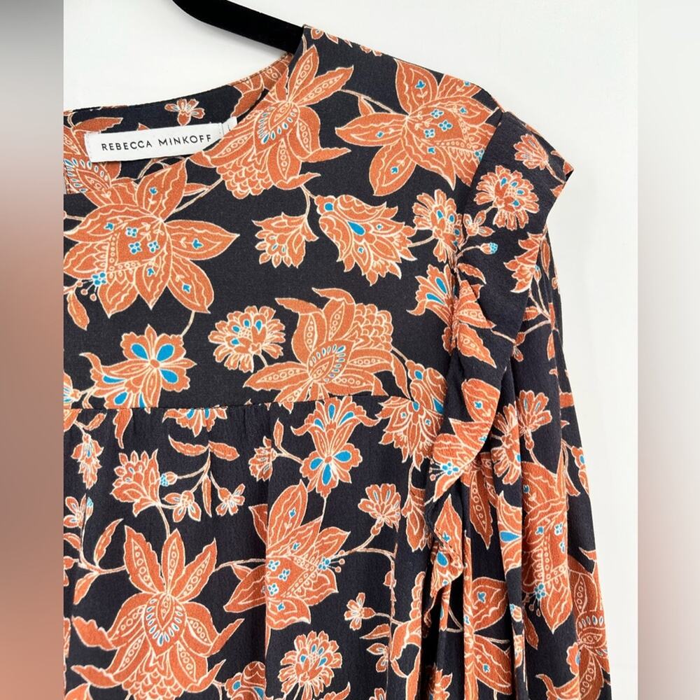 Rebecca Minkoff Floral Blouse Top Ruffle Shoulder Smocked Sleeve Flower Large - Picture 4 of 12